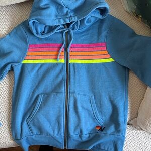 Aviator Nation Blue Hoodie with Rainbow Stripes